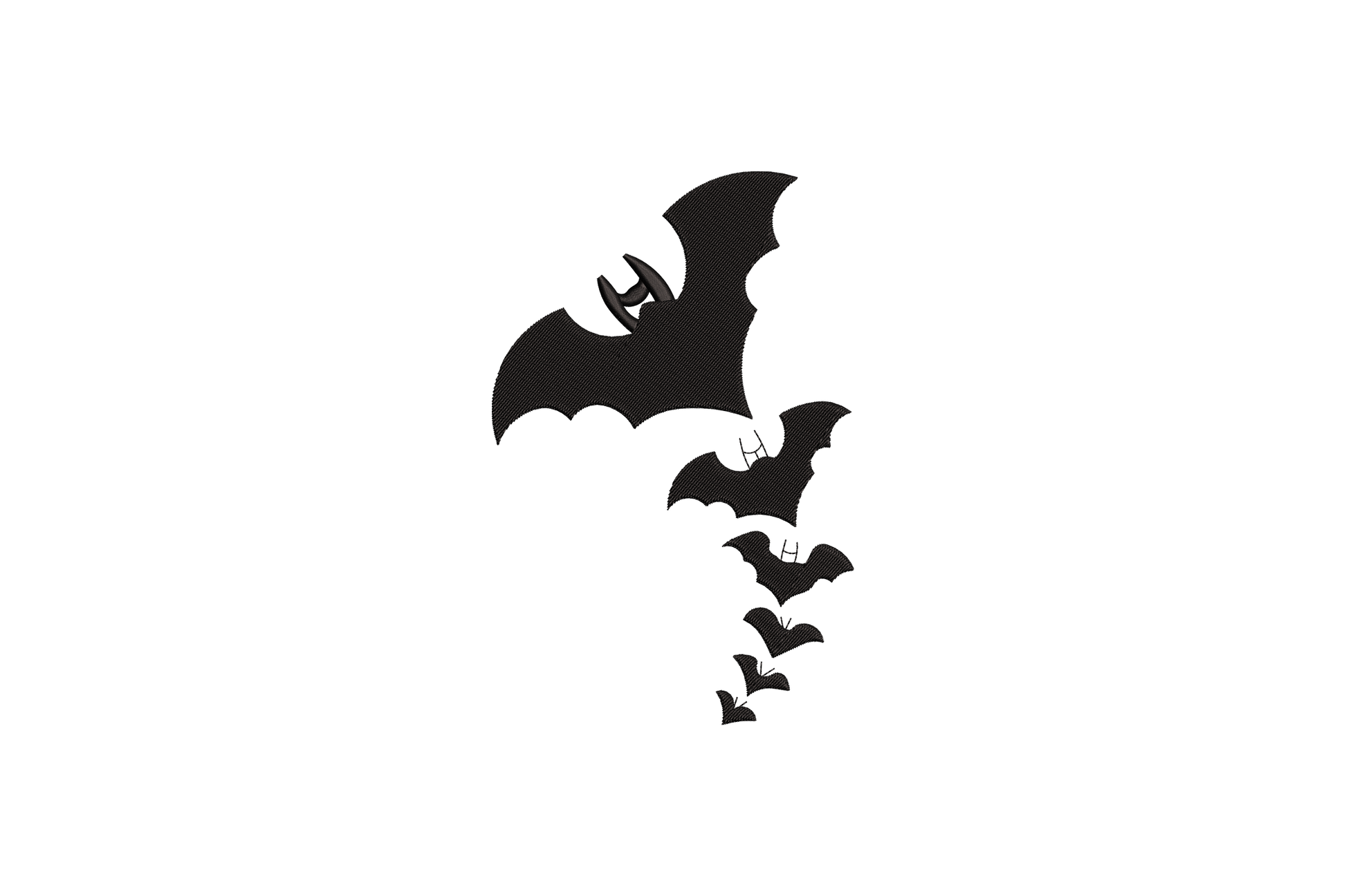 Five bats in a diagonal trail, largest at top to smallest at bottom, solid black Halloween embroidery design.