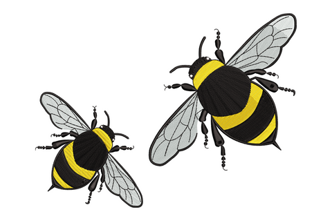 Flying bees embroidery design with two bumblebees in offset flight, amber yellow and black stripes, translucent blue-grey wings.