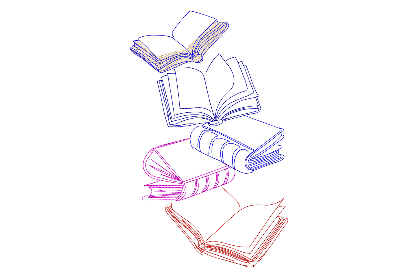 Flying books with wings machine embroidery design, five colours cream tan gold blue navy, scattered cluster at varied angles on white background.