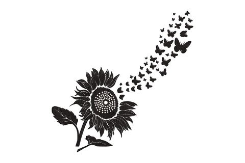 Two butterflies flying over a loose meadow flower cluster, blush pink and sage green, two-colour floral spring embroidery design on white cotton fabric.