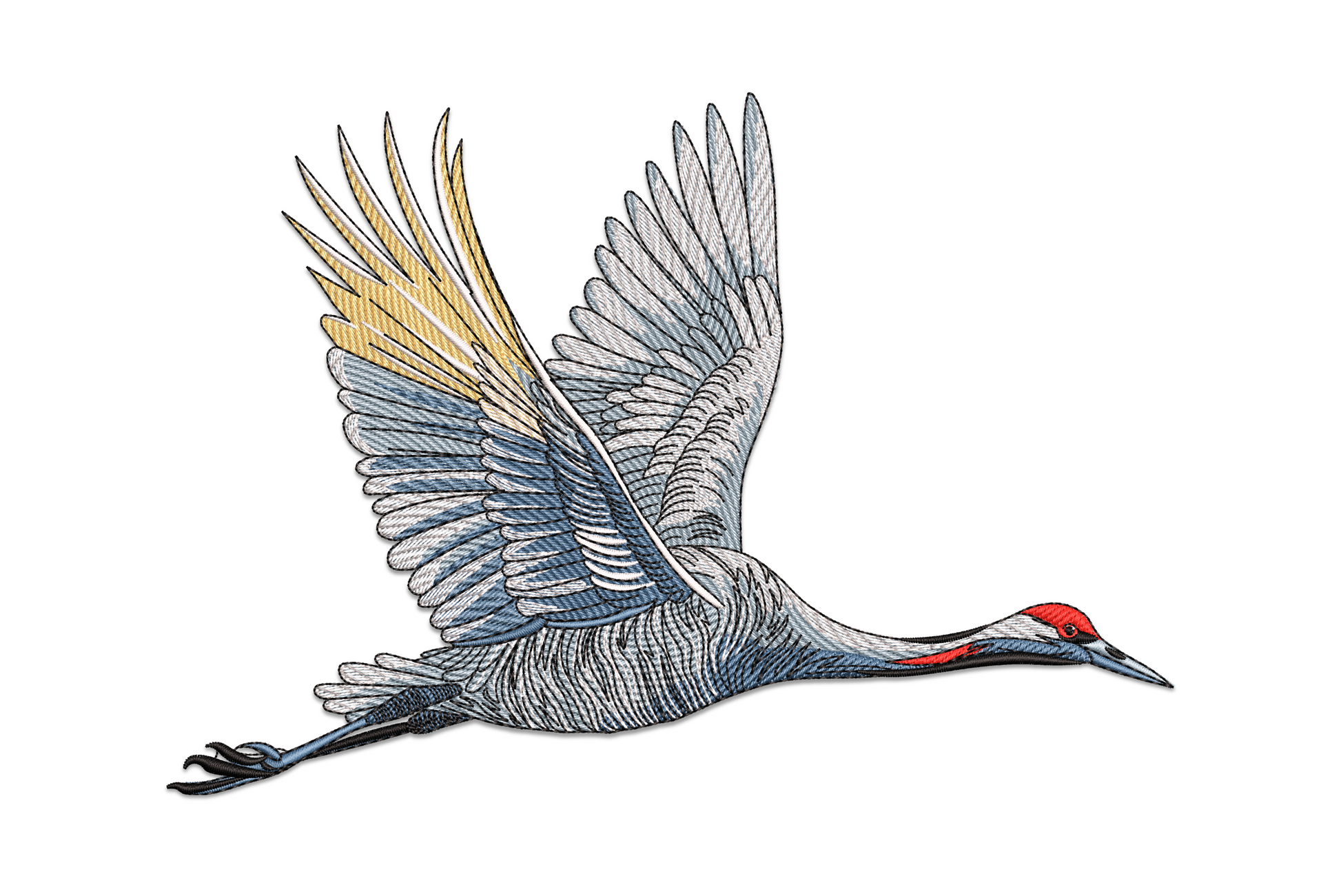 Flying crane embroidery design, Japanese-style bird in full flight with wings spread, white body, black wingtip marks and red crown in 6 thread colours