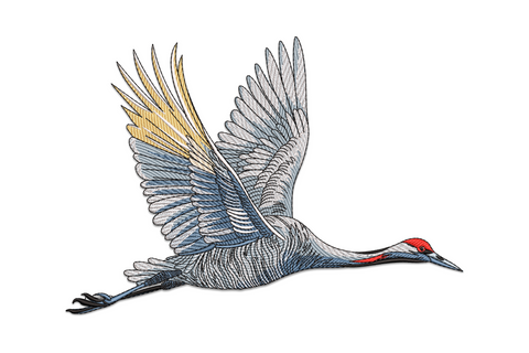 Flying crane embroidery design, Japanese-style bird in full flight with wings spread, white body, black wingtip marks and red crown in 6 thread colours