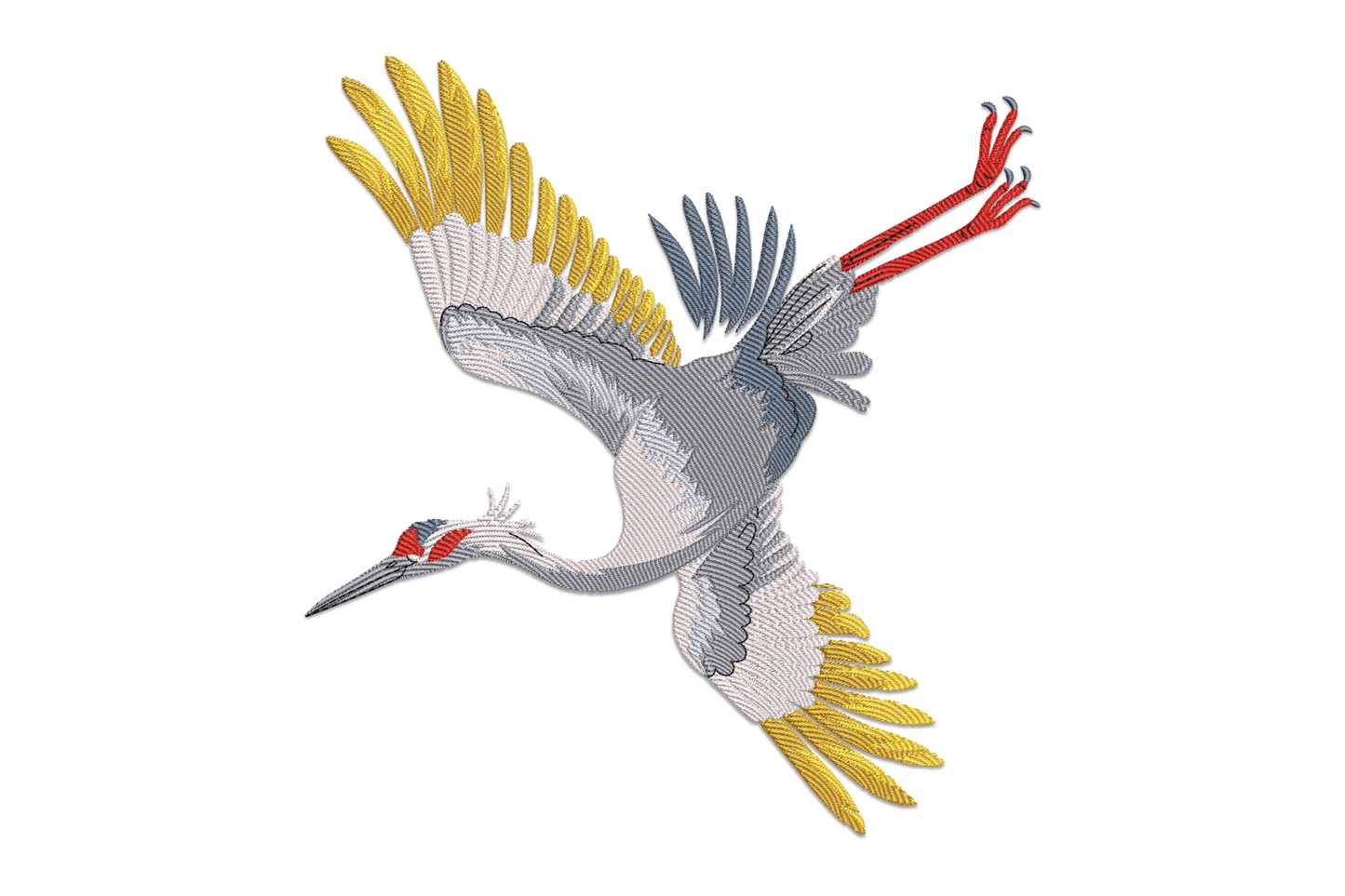Flying crane embroidery design with wide wingspan, eight colours including white body, black wingtips and red crown, Japanese style bird on white background.