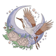 Flying Crane Moon Floral Embroidery Design, Instant Download
