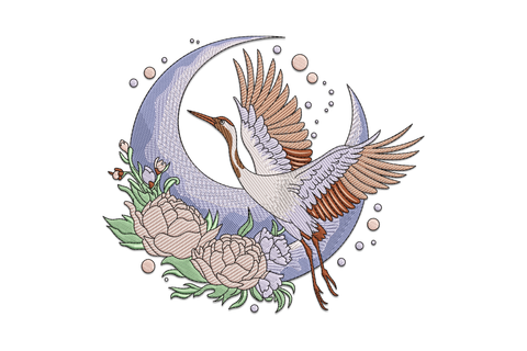 Flying crane embroidery design with full moon circle and cherry blossom branches, Japanese woodblock style in white, navy and pale pink