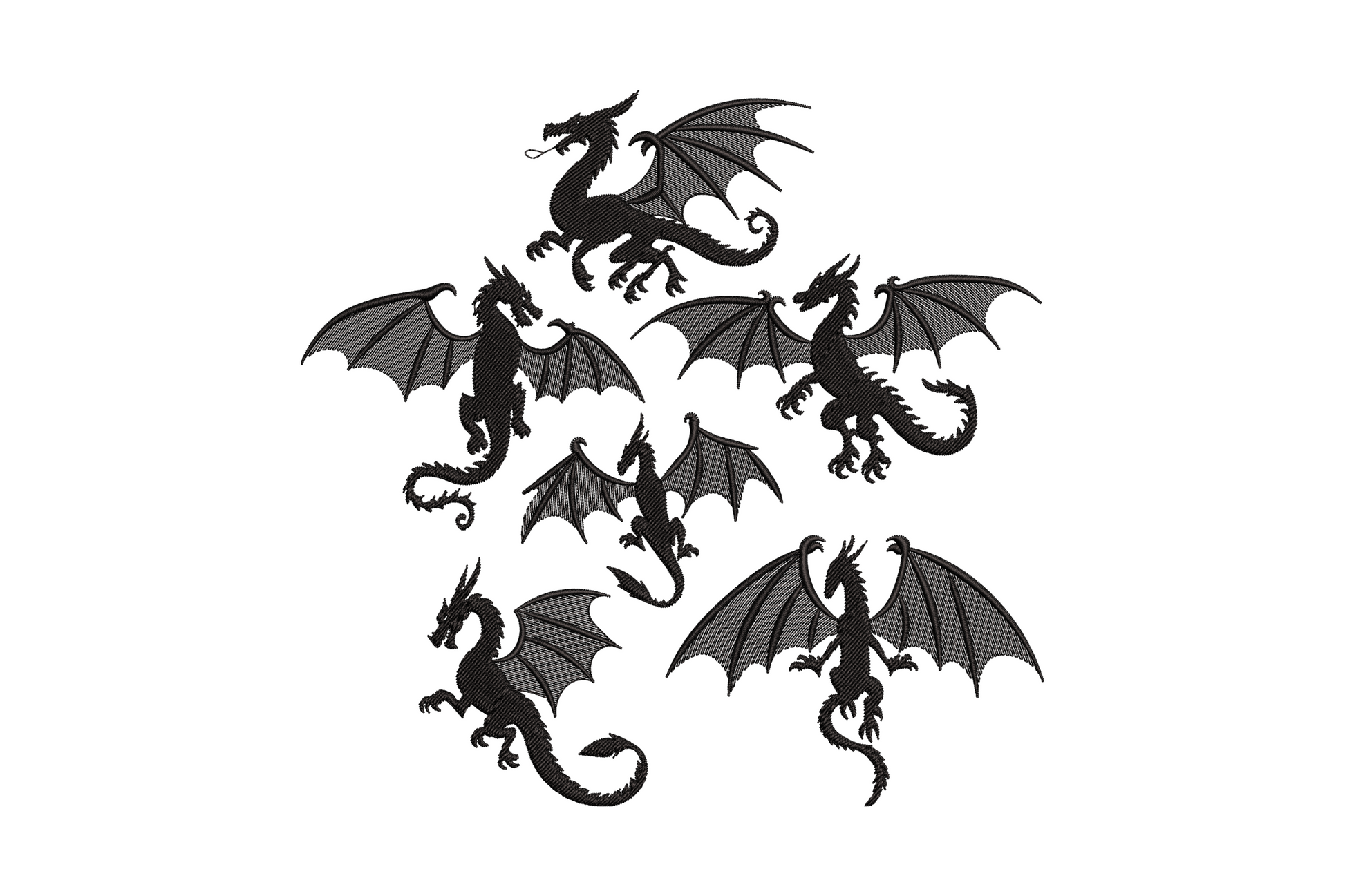 Flying dragon set embroidery design single colour with spread wings and curved tail in bold satin fantasy fills