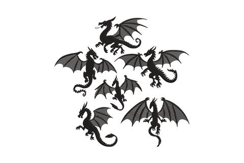 Flying dragon set embroidery design single colour with spread wings and curved tail in bold satin fantasy fills