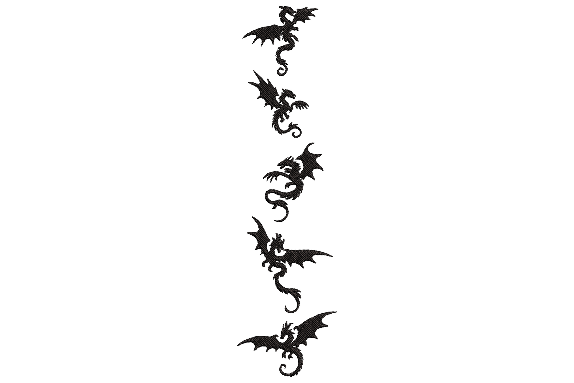 Five black dragon silhouettes in a vertical column, each in a varied wing-spread pose with curled tail, solid black fill.