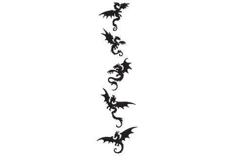 Five black dragon silhouettes in a vertical column, each in a varied wing-spread pose with curled tail, solid black fill.