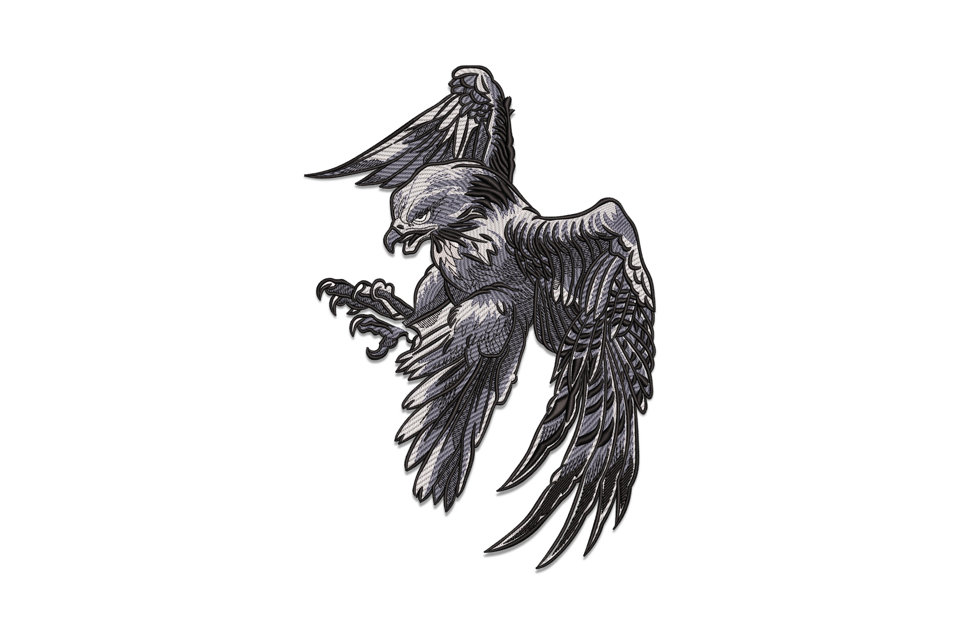 Flying eagle embroidery design mid-dive with wings spread, fine feather detail in black white and grey, talons extended.