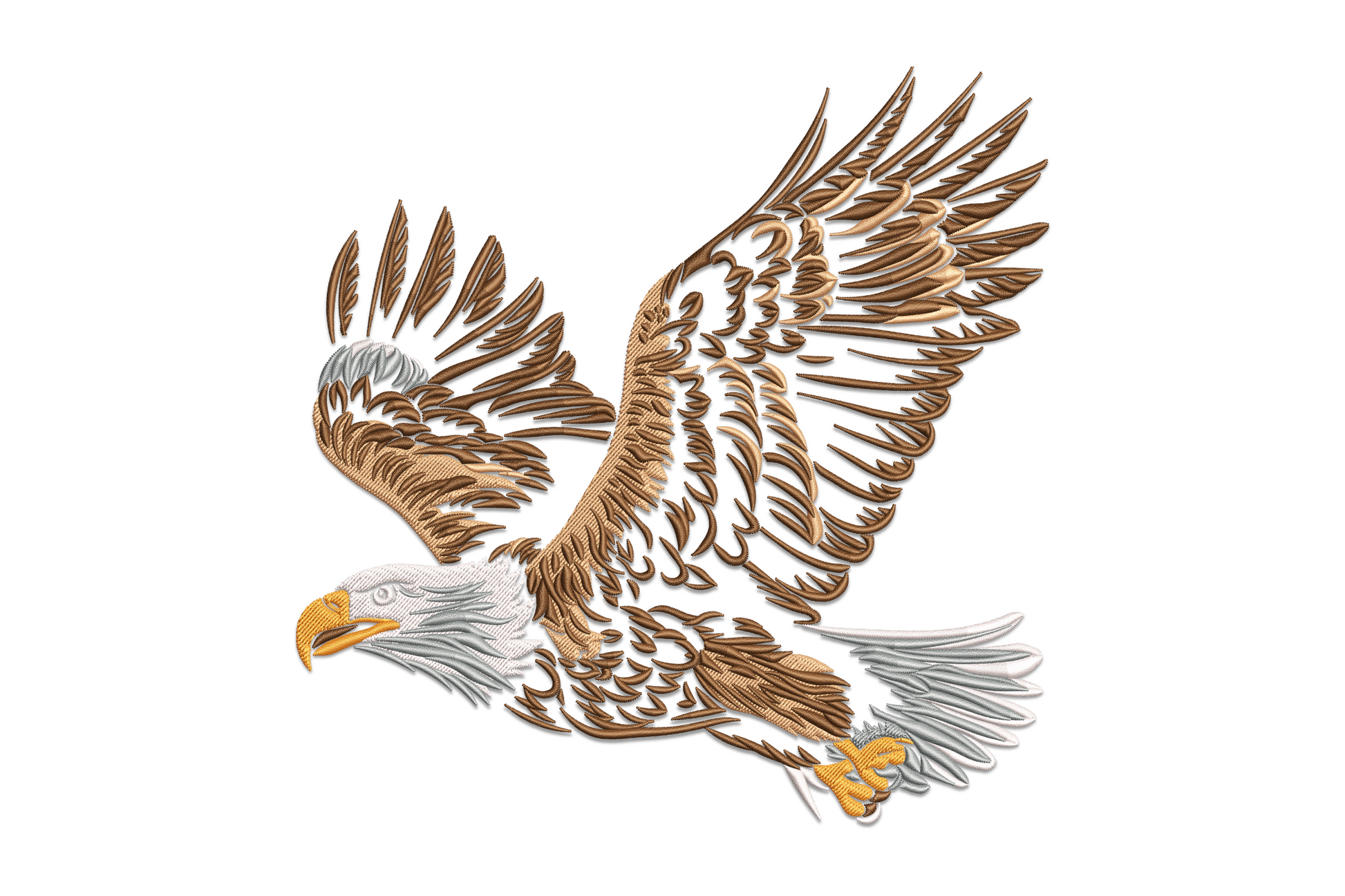Flying eagle embroidery, wings fully spread, orange beak forward, talons curled in strike pose, detailed brown feather work