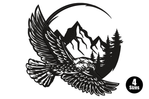 Flying eagle mountain landscape embroidery, eagle diving with mountain and pine tree circle, black thread, 27142 to 50945 stitches