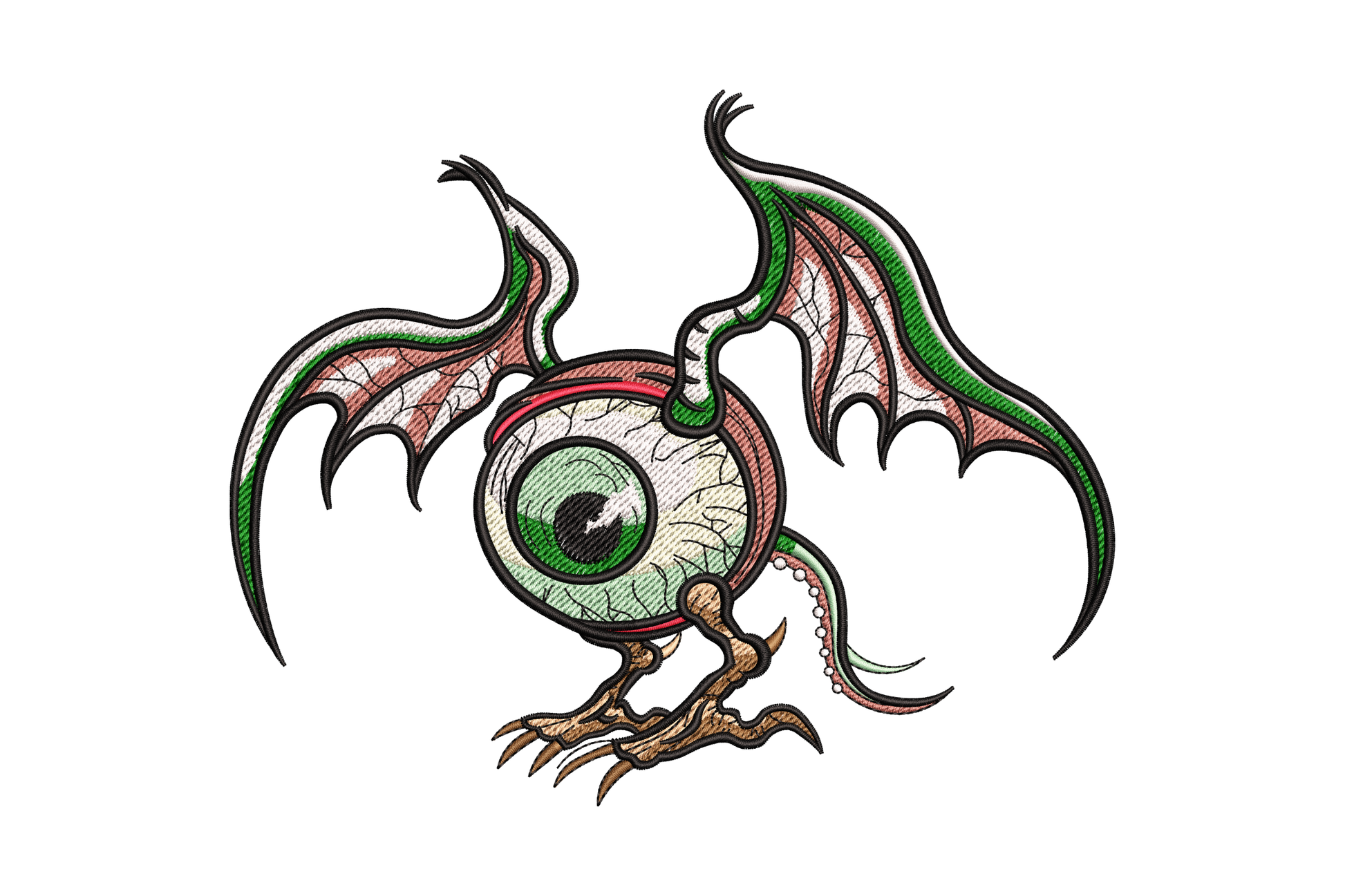Flying eyeball winged monster embroidery design in 9 colors with bat wings and bird talons on white background