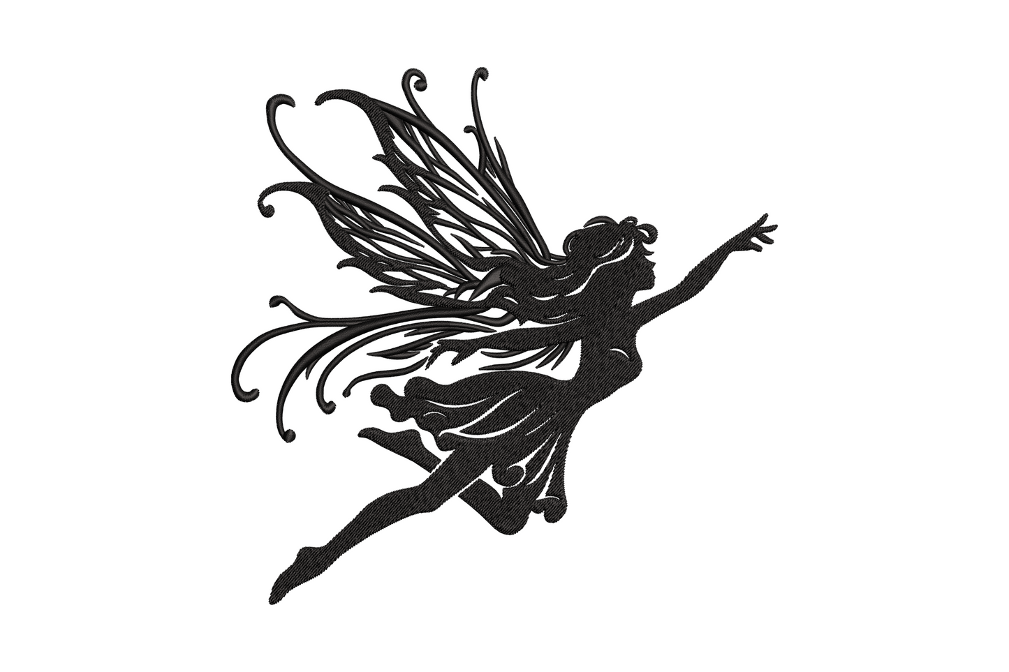Flying fairy silhouette machine embroidery, wings spread, solid black fill, fantasy whimsical style, 5 sizes.