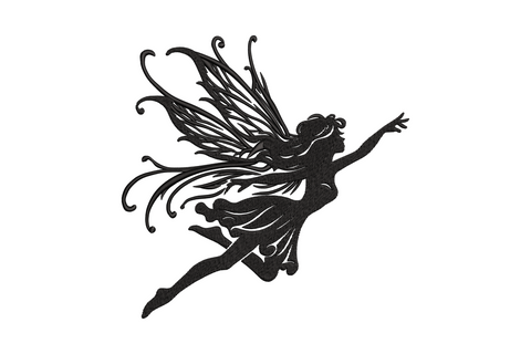 Flying fairy silhouette machine embroidery, wings spread, solid black fill, fantasy whimsical style, 5 sizes.