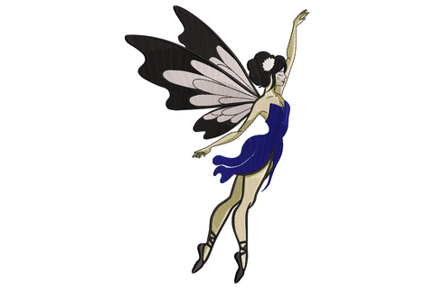 flying fairy embroidery design in royal blue dress with black and grey butterfly wings, arms raised mid-leap
