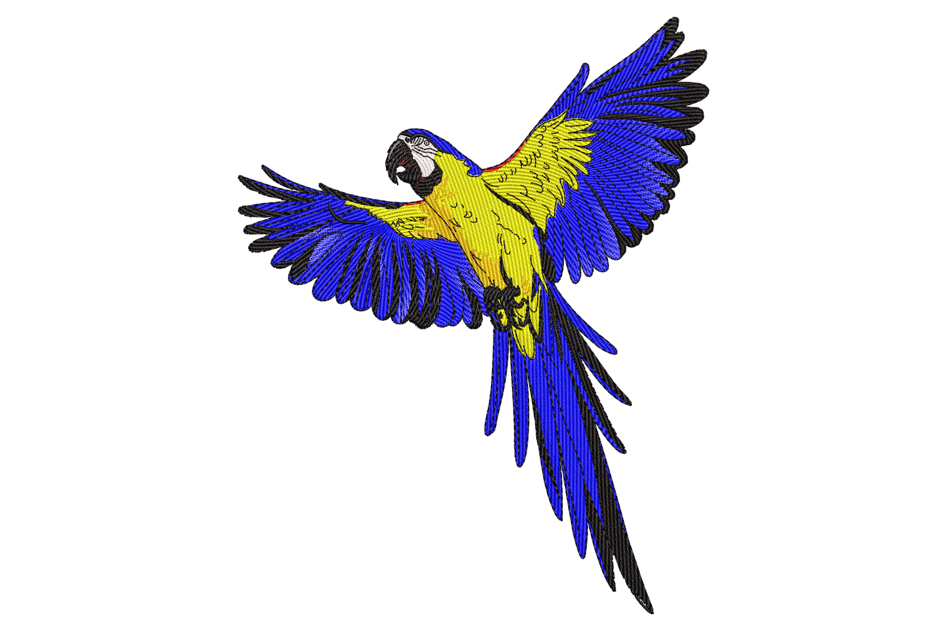 Flying macaw embroidery design with wings spread wide, cobalt blue upper wings, golden yellow chest and long trailing tail feathers.