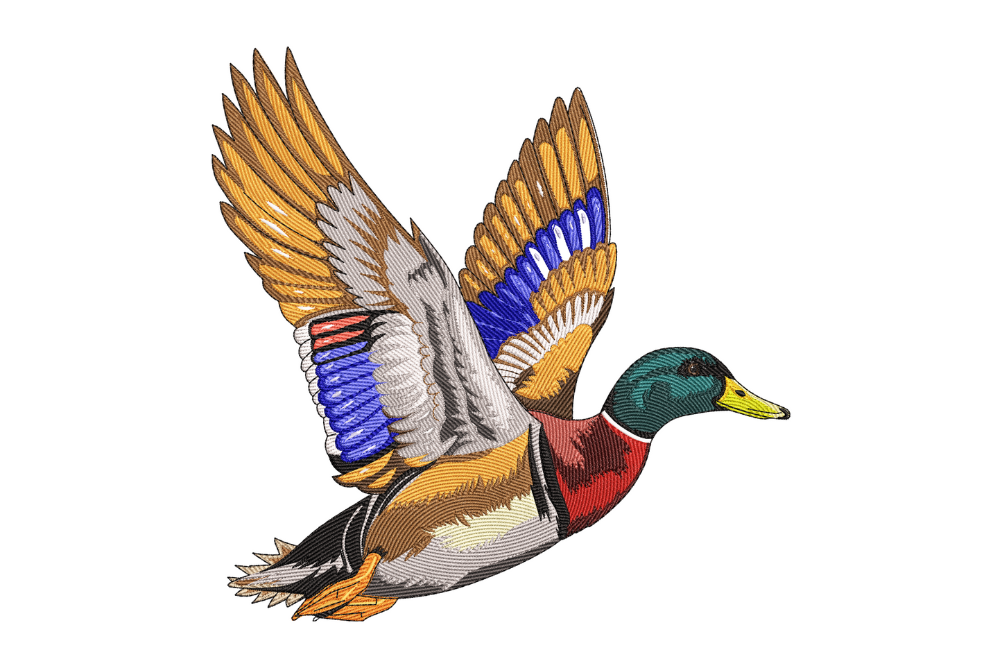 Flying mallard duck embroidery, wings spread, teal head, yellow bill, red-brown chest, blue speculum stripe.