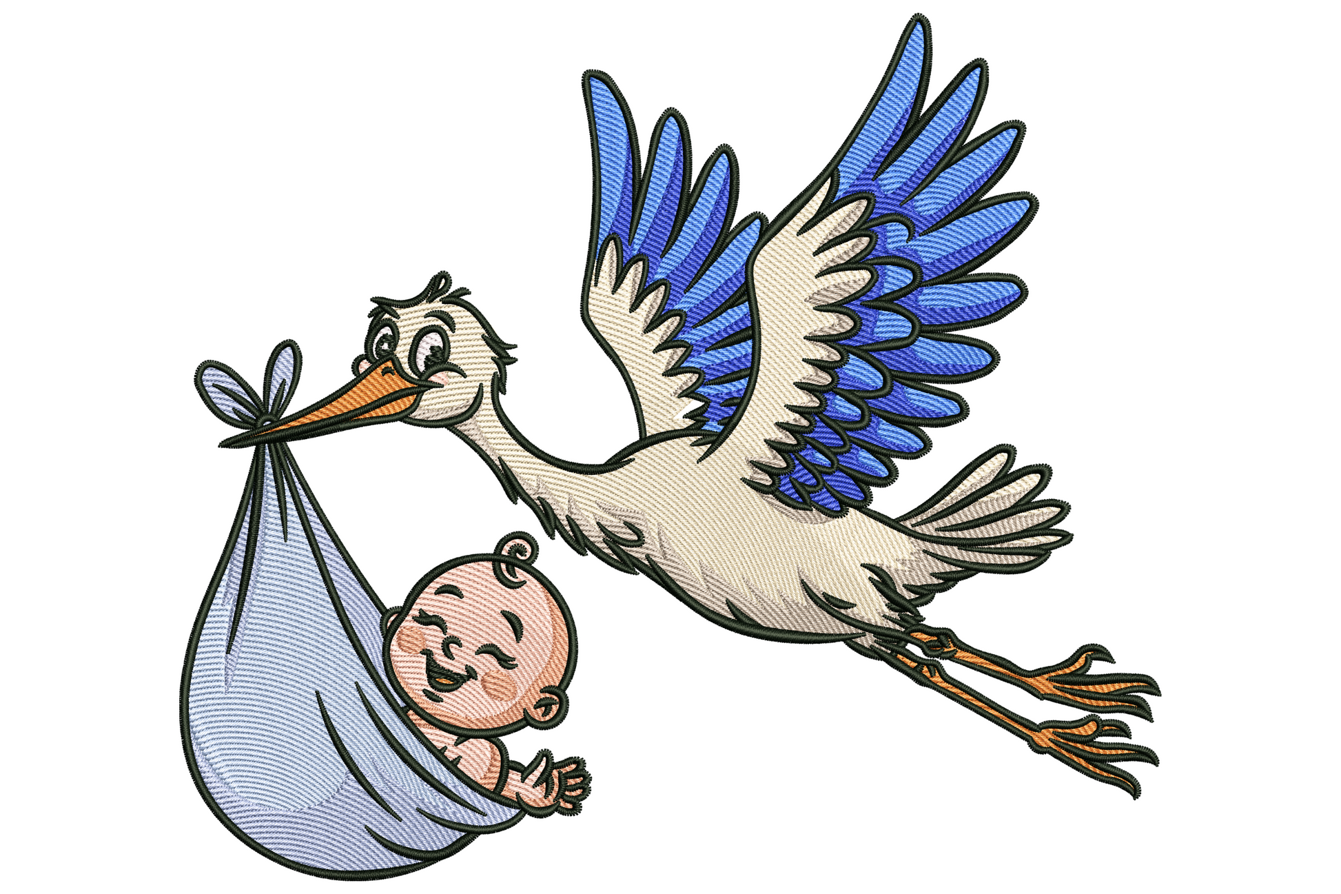 Flying stork embroidery design carrying a blue bundle with a baby peeking out, wings spread wide in mid-flight.