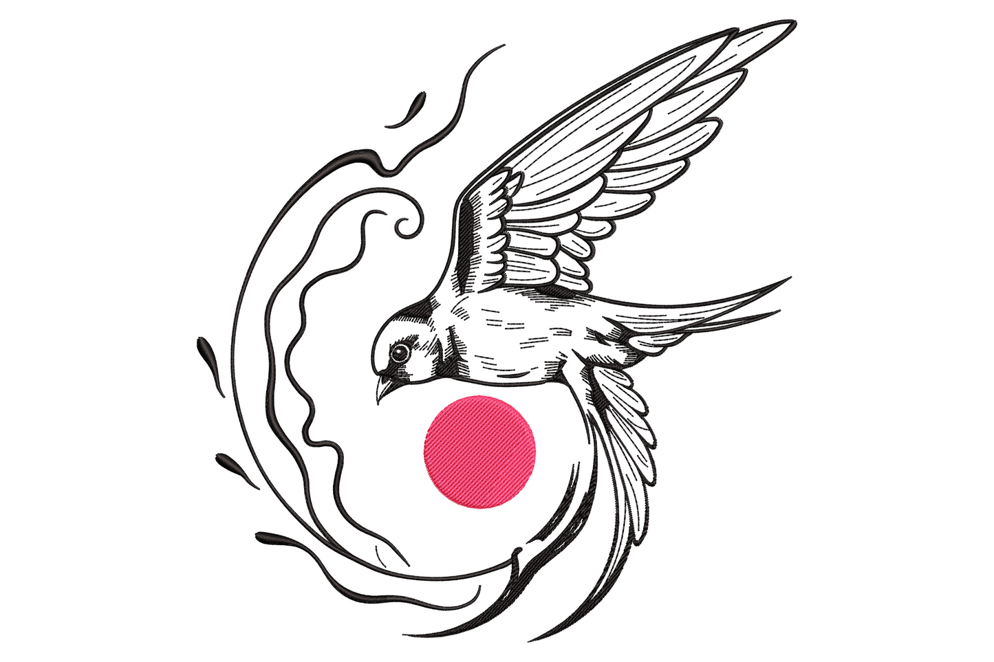 Flying swallow bird embroidery design in ink-sketch style with bold hot pink sun disc, wind swirl strokes and detailed feather directional stitching.