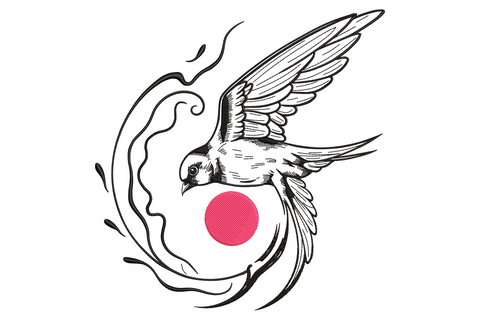 Flying swallow bird embroidery design in ink-sketch style with bold hot pink sun disc, wind swirl strokes and detailed feather directional stitching.