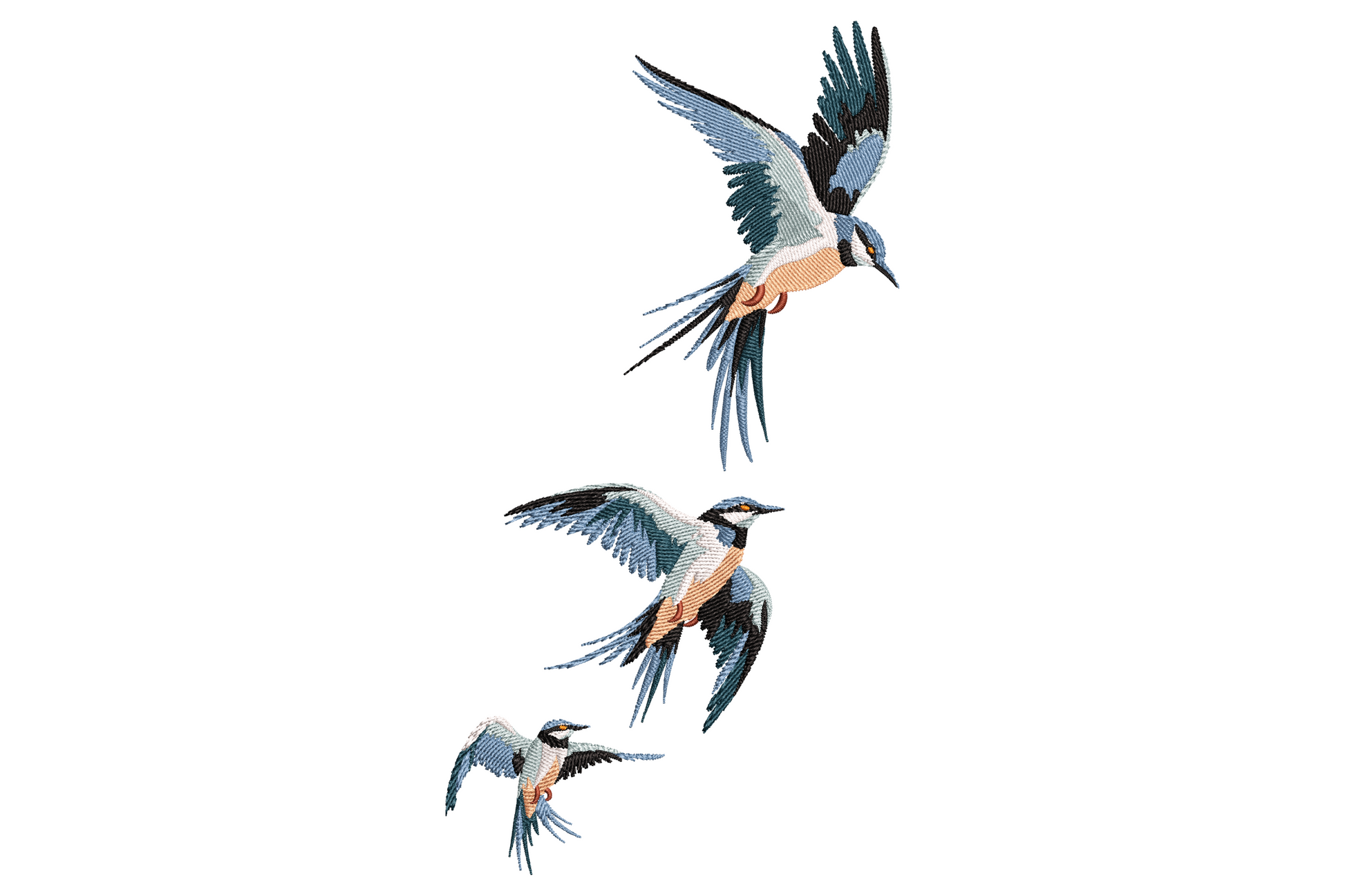 Three flying swallow birds embroidery arranged diagonally, powder blue and peach bodies, navy tail forks, white chest markings.