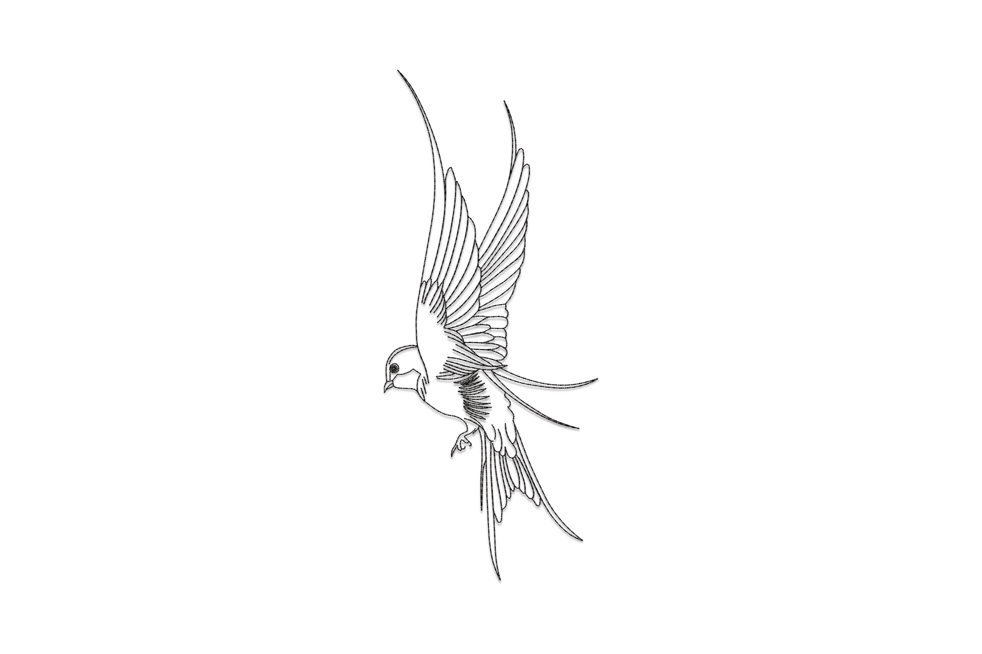 Flying swallow line art embroidery, single colour swallow in full flight with forked tail and ink-wash feather strokes.