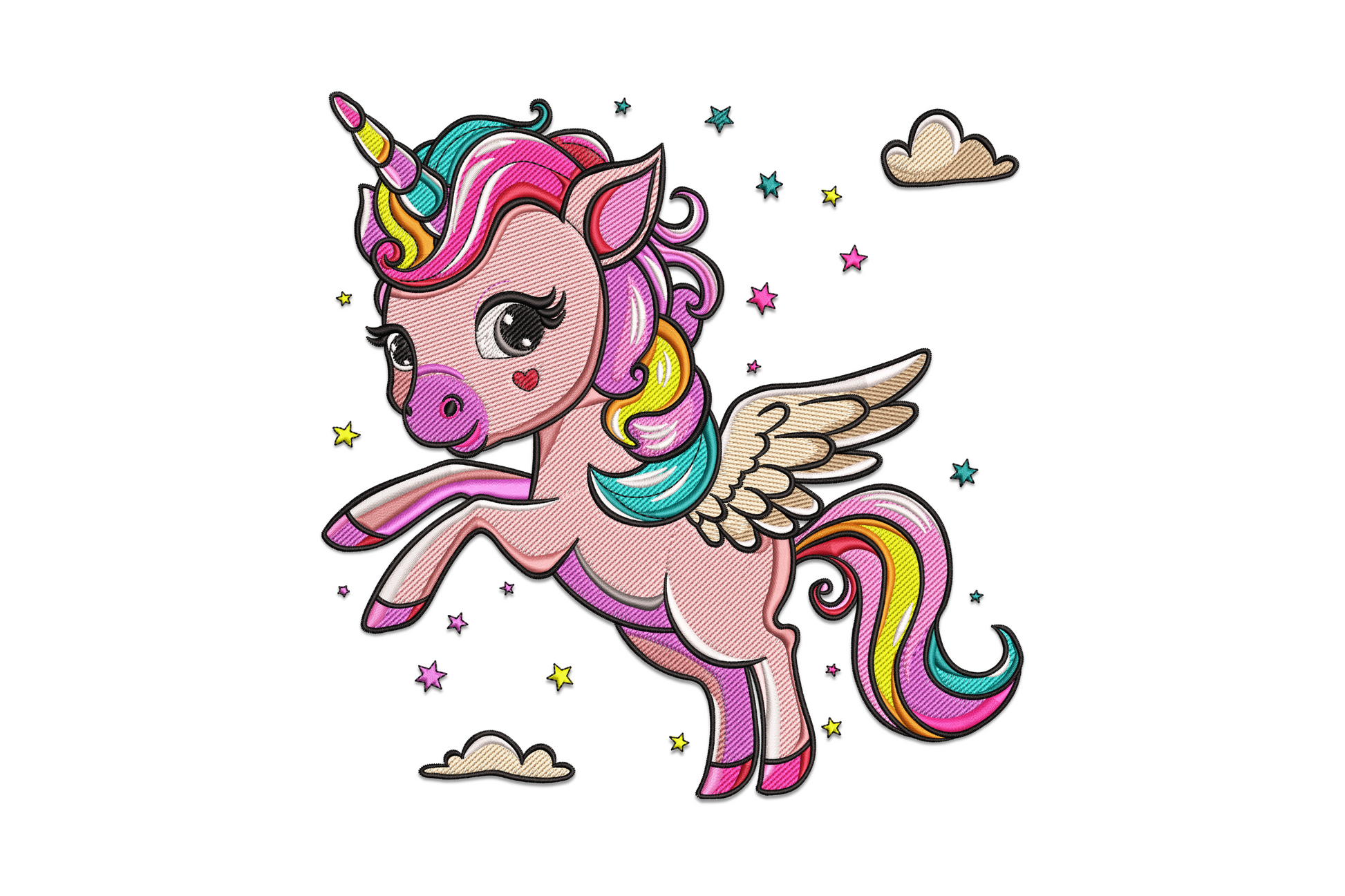 Flying white unicorn embroidery with rainbow mane and spread wings, golden spiral horn, detailed multi colour fantasy design