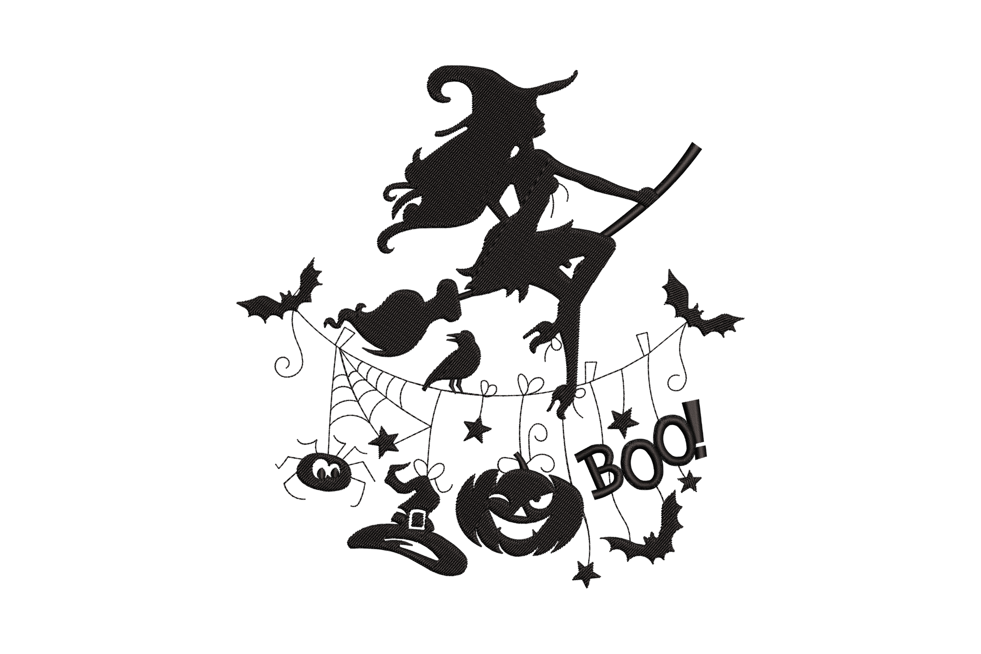 Flying witch on broomstick halloween silhouette in black thread, with jack-o-lantern, BOO text, bats, cobweb and witch hat.