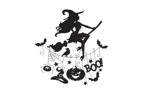 Flying witch on broomstick halloween silhouette in black thread, with jack-o-lantern, BOO text, bats, cobweb and witch hat.