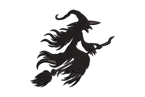 Flying witch wild hair embroidery design with a solid black silhouette of a witch on a broom, dramatically wild hair streaming behind her in long fraying strands.