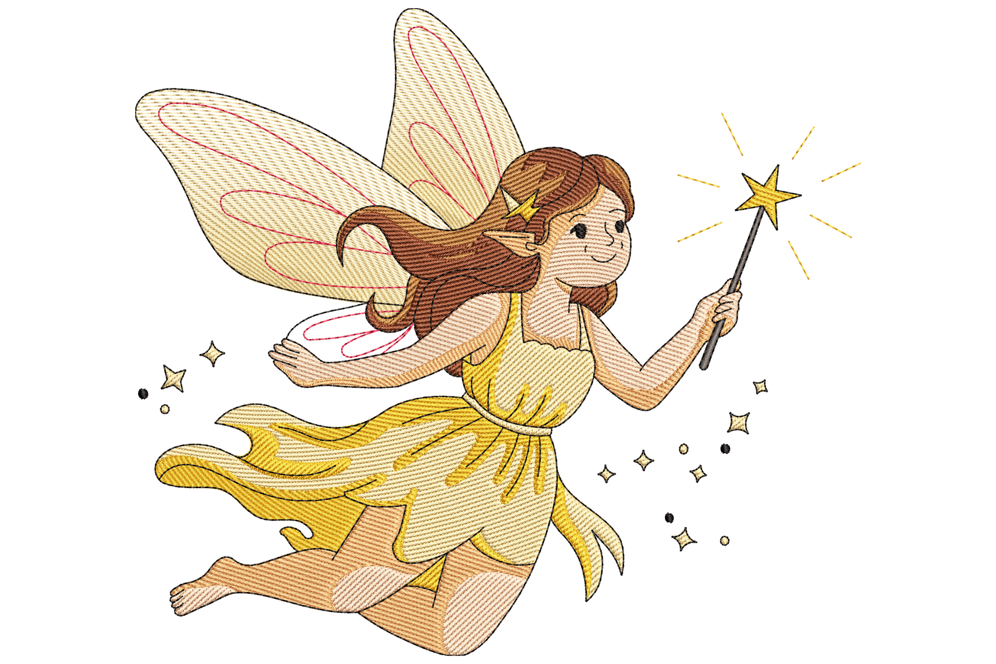 Cartoon flying fairy embroidery design with brown hair, yellow strapless dress streaming back, large translucent wings and a tall gold star wand sparkling.