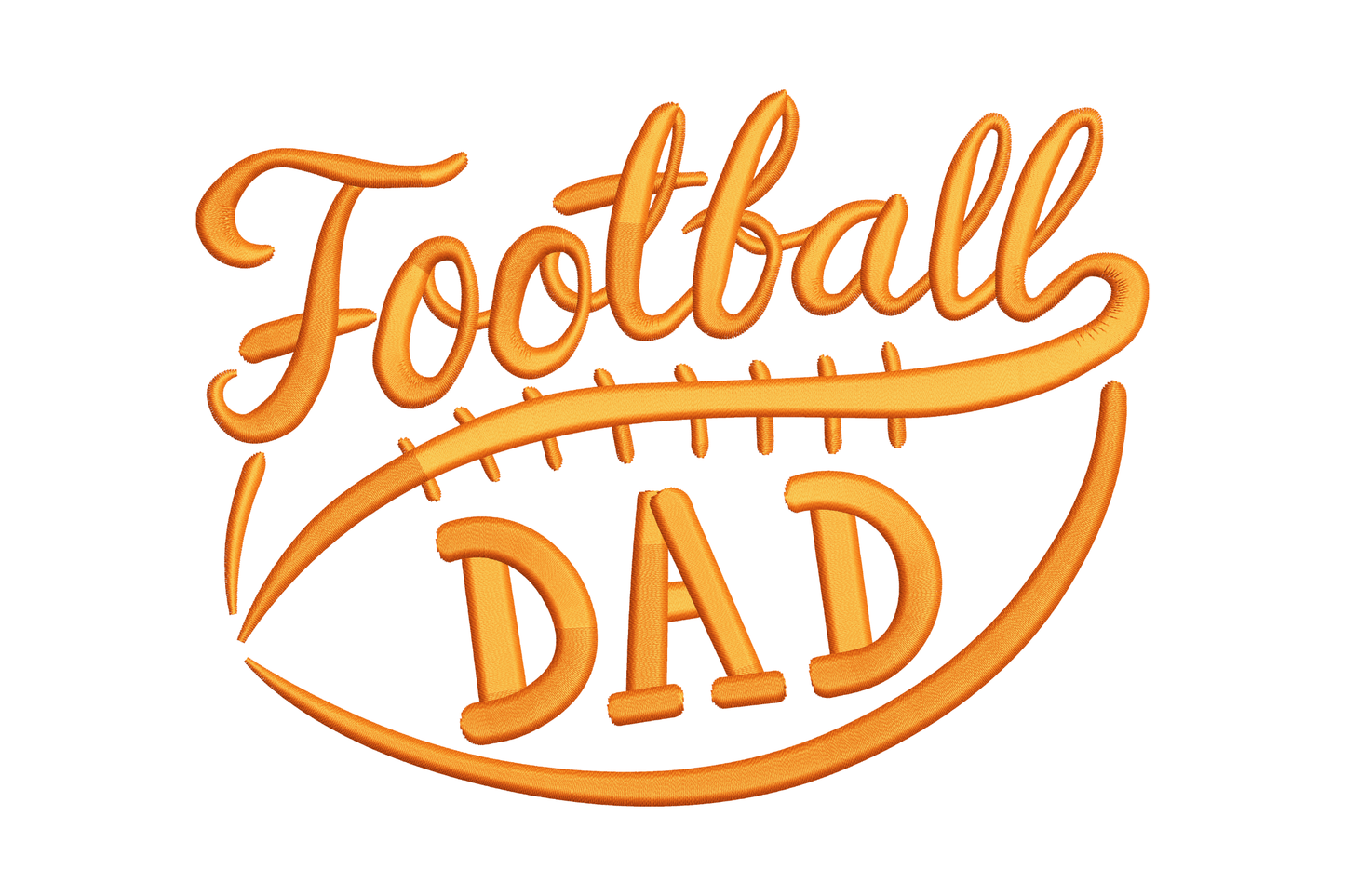 Football Dad embroidery in orange, cursive script over football laces, bold DAD block caps and curved stadium swoosh base.