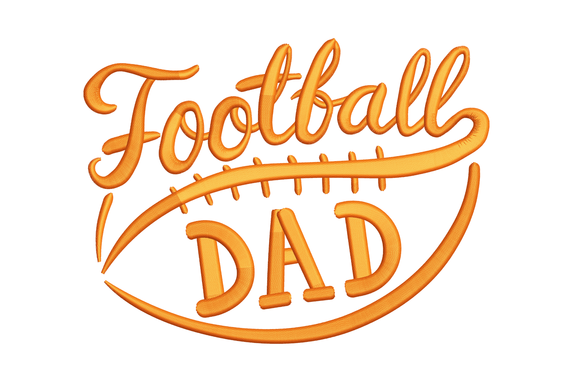 Football Dad embroidery in orange, cursive script over football laces, bold DAD block caps and curved stadium swoosh base.