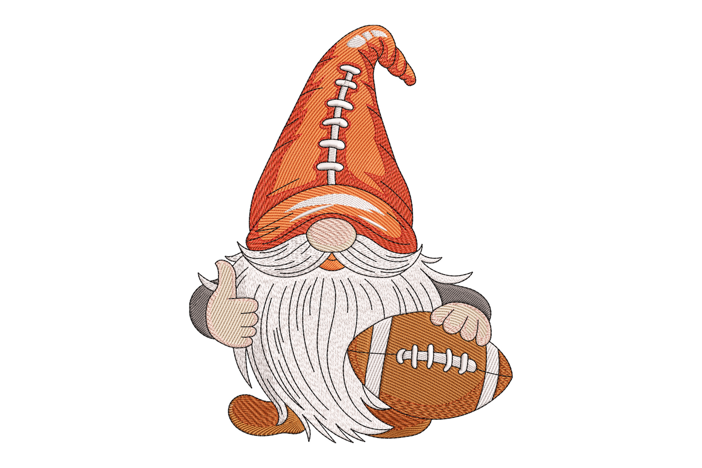Football gnome embroidery design with red hat, bushy beard and football, 9 colours, cartoon style on white background