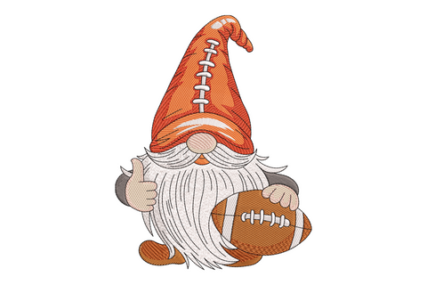 Football gnome embroidery design with red hat, bushy beard and football, 9 colours, cartoon style on white background