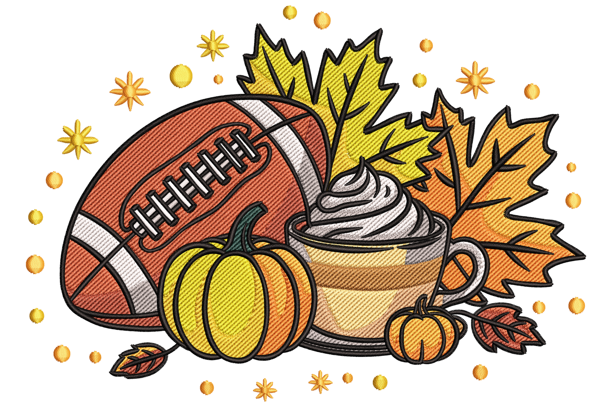 Football pumpkin latte embroidery design with tan football, whipped cream latte cup, orange pumpkins and golden maple leaves on autumn background.