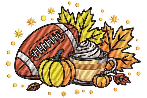 Football pumpkin latte embroidery design with tan football, whipped cream latte cup, orange pumpkins and golden maple leaves on autumn background.