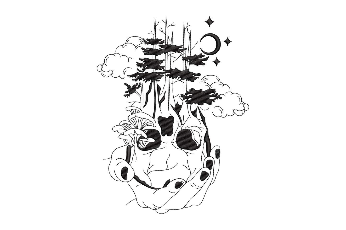 Embroidery line art of a skull cradled in hands with pine trees, mushrooms, crescent moon and stars growing from the top