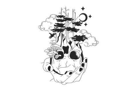 Embroidery line art of a skull cradled in hands with pine trees, mushrooms, crescent moon and stars growing from the top