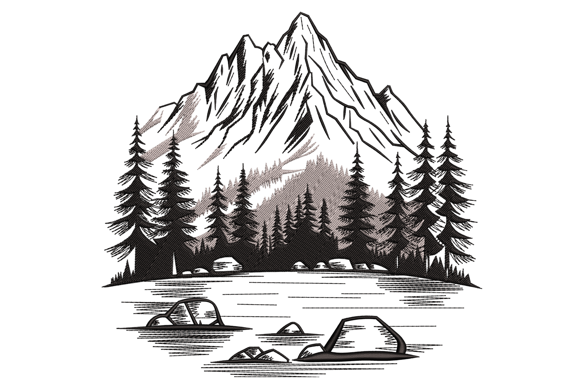 Forest lake nature scene embroidery with mountain peaks, dense pine trees and rocky shoreline in black and charcoal woodcut style.