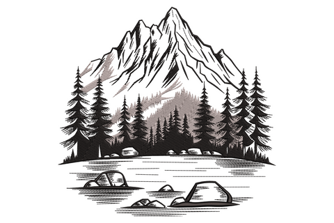 Forest lake nature scene embroidery with mountain peaks, dense pine trees and rocky shoreline in black and charcoal woodcut style.
