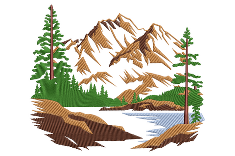 Forest lake mountain scene embroidery design, landscape with pine trees and mountains, 9 sizes