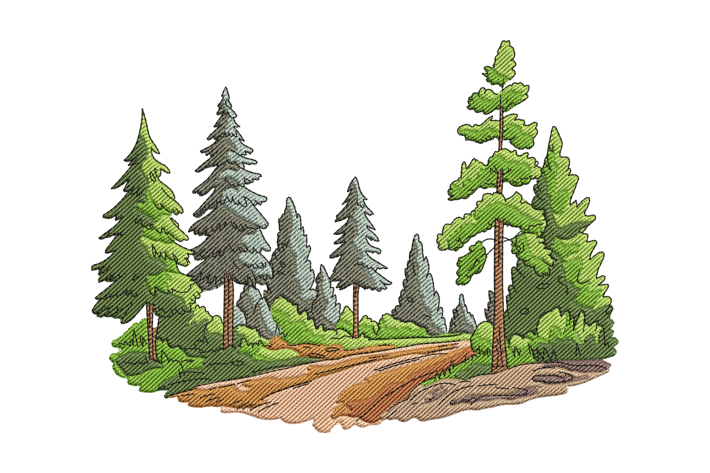 Illustration of a forest with trees and a path embroidery design