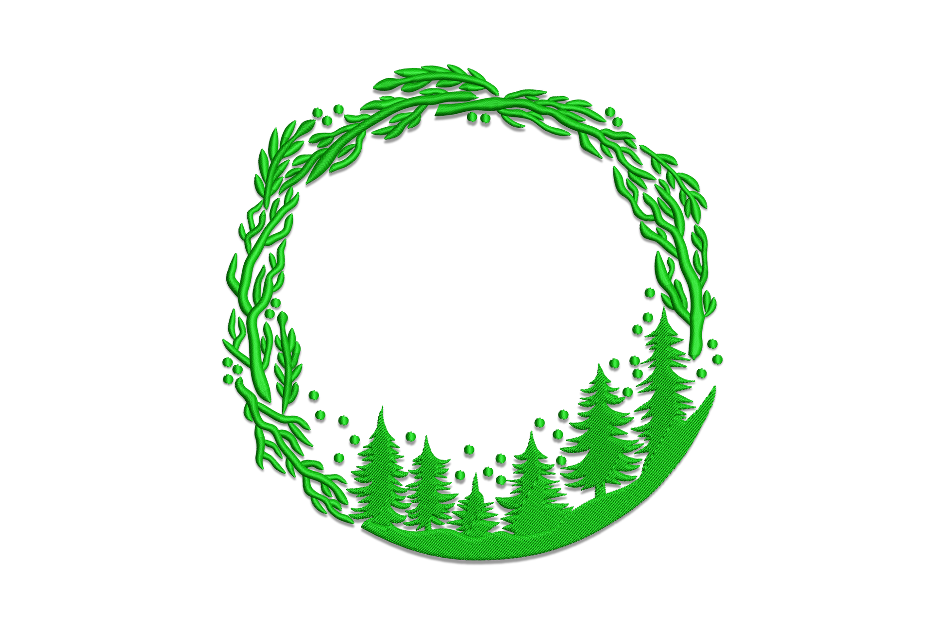 Dark green circle wreath embroidery, botanical leaves and berries framing pine tree silhouettes, single color woodland design