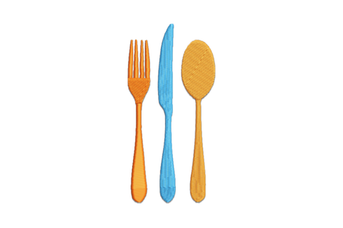 Fork knife spoon embroidery design with three utensils in charcoal grey and warm tan, clean satin stitch columns.
