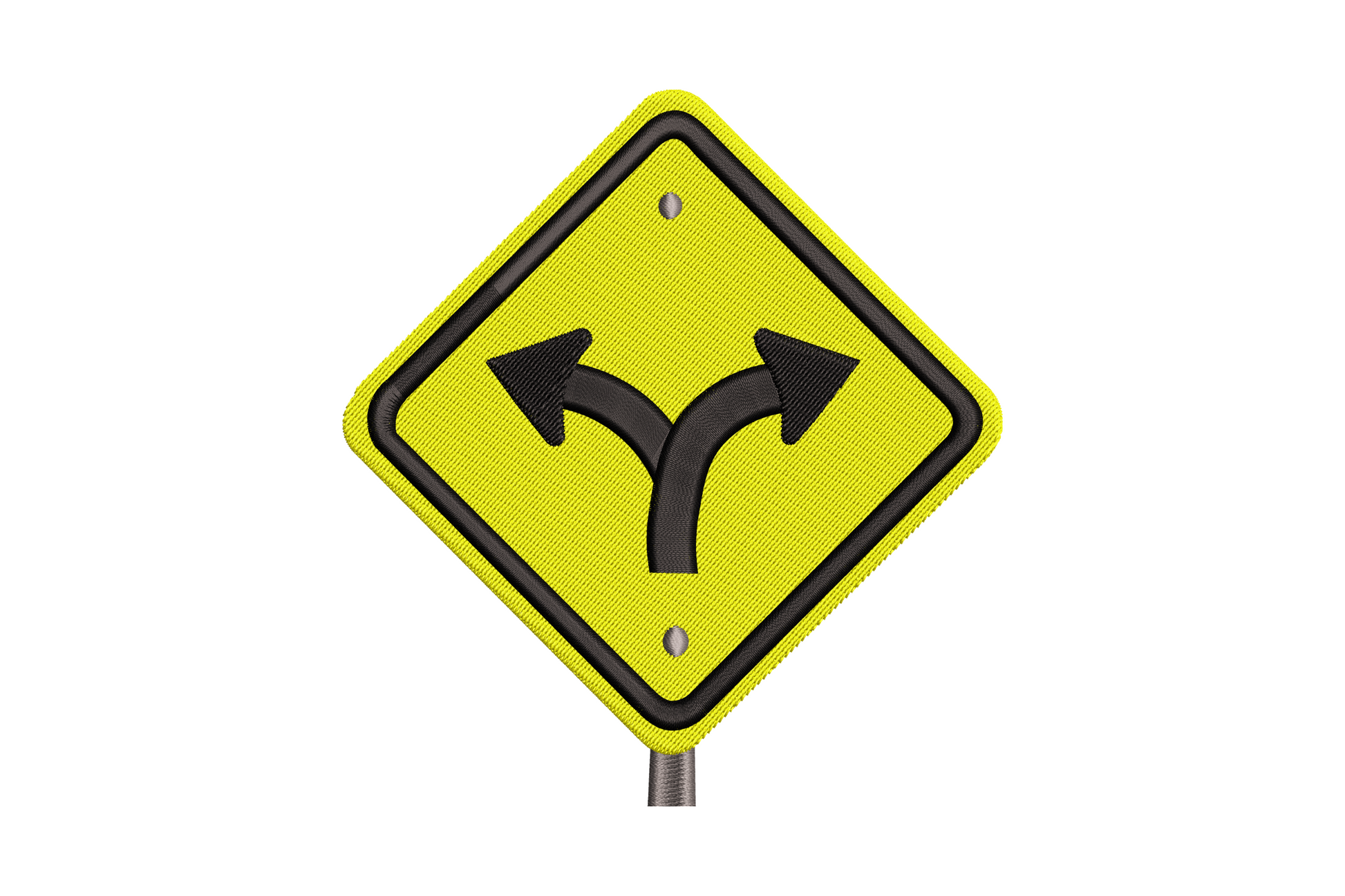 Fork road sign embroidery design, rectangular highway sign with split arrows, black and white, 4 sizes 2.5-5.5 inches