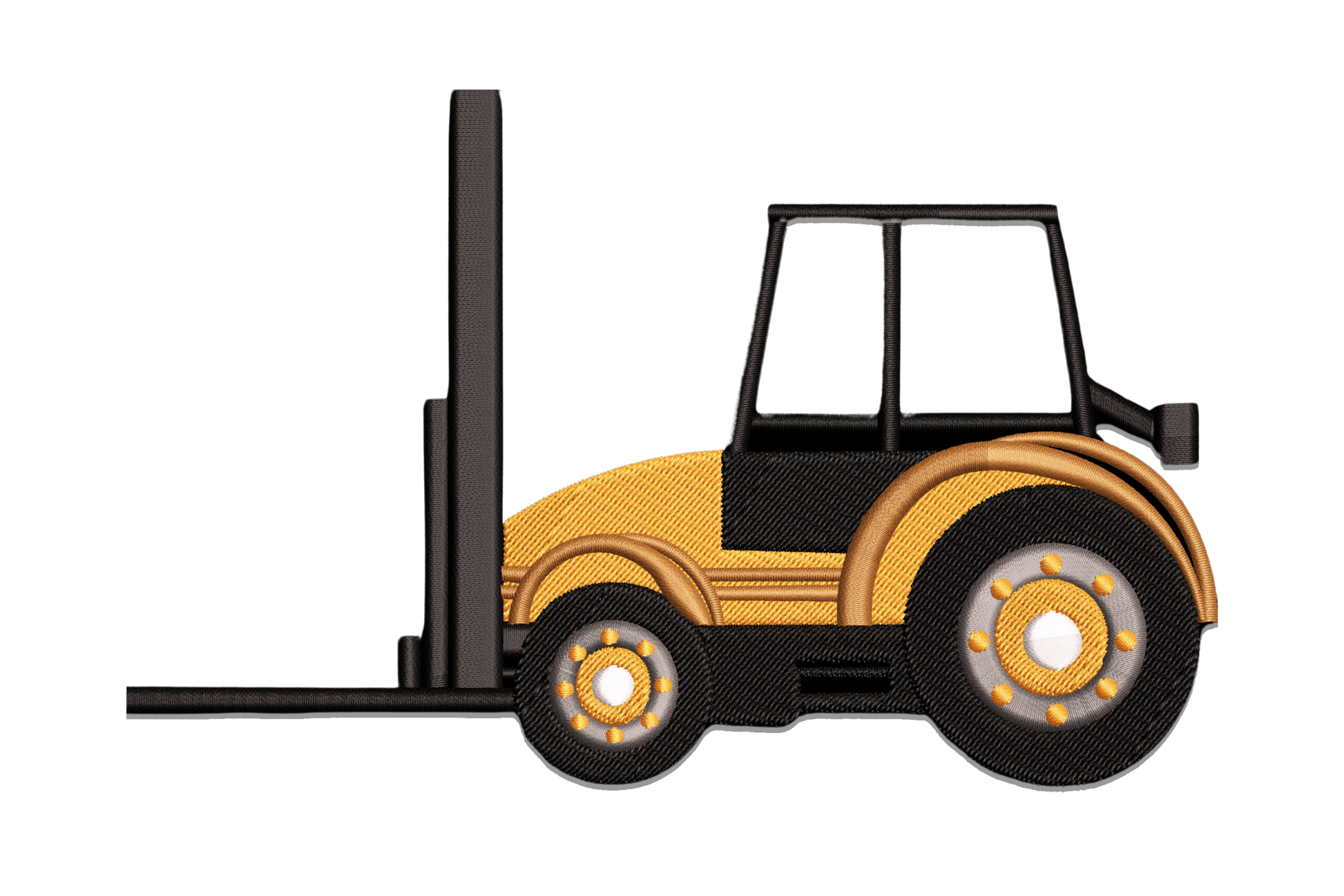 Machine embroidery design of an orange forklift with upright mast, fork tines, and open cab, five-colour fill in orange, black, grey, white, and brown, 4 sizes