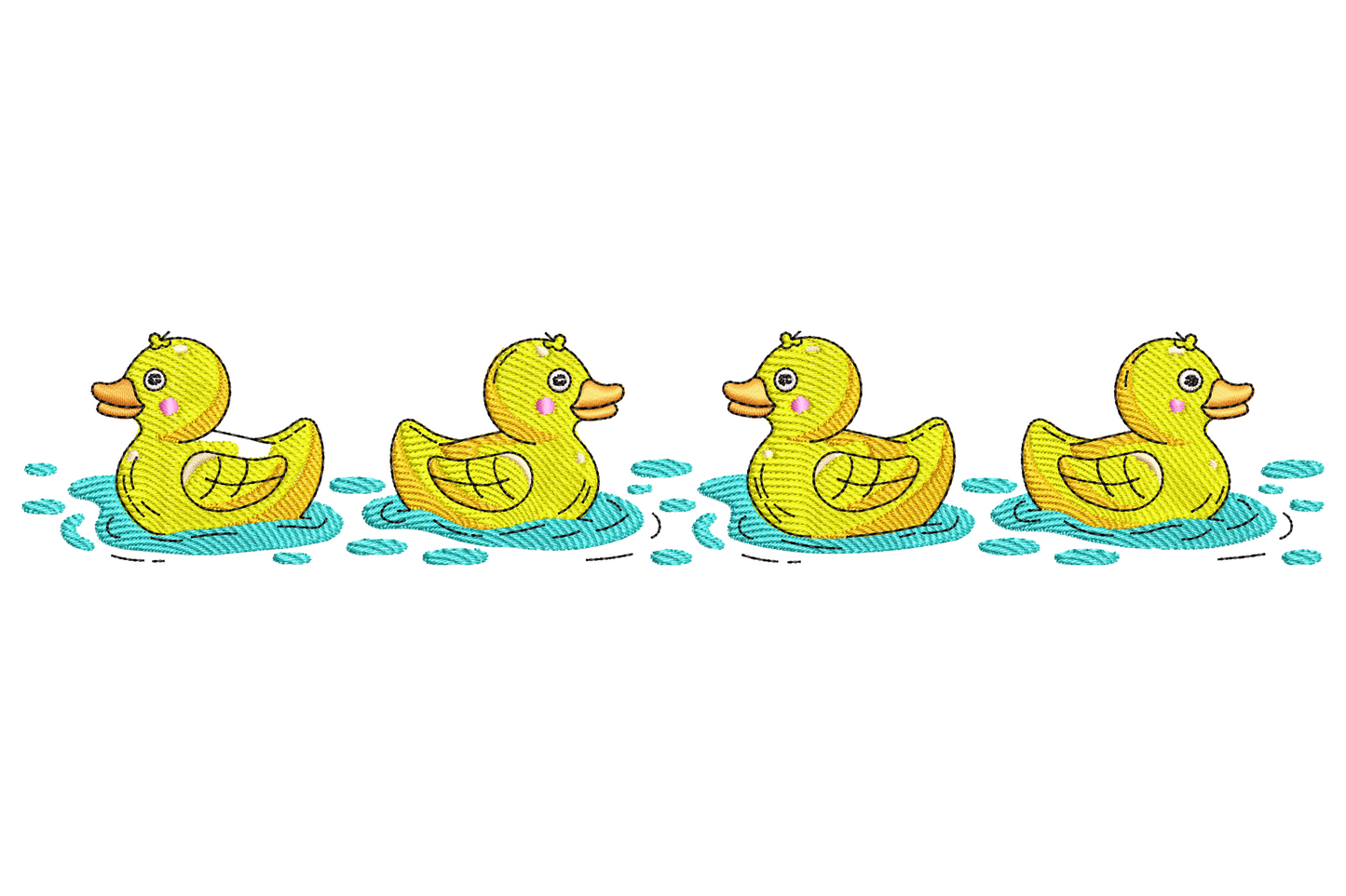 Four baby ducks in a row embroidery design, vertical border format with soft yellow duck bodies, orange bills, blue-grey water line in 8 colours.