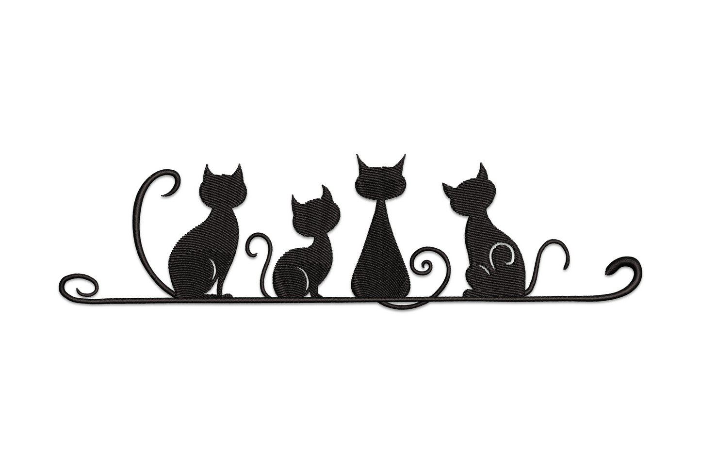 Four cats silhouette line embroidery design, black single-colour decorative row with curling tails and scroll flourishes, on white background.